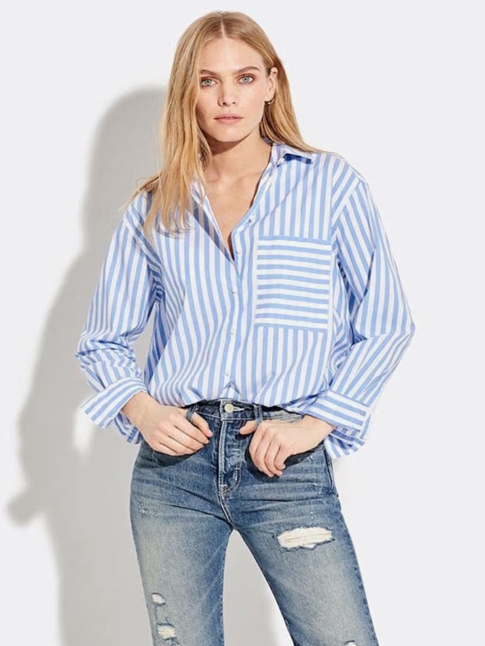 AYR The Deep End Women's Button Down Shirt, Blue + White Stripe
